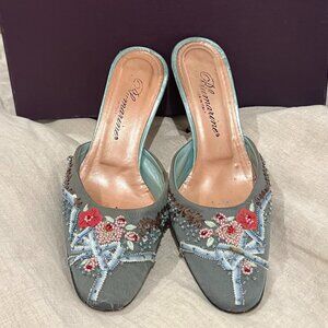 Blumarine Vintage Blue Heels w/ Intricate Beaded Details & Pink Heel